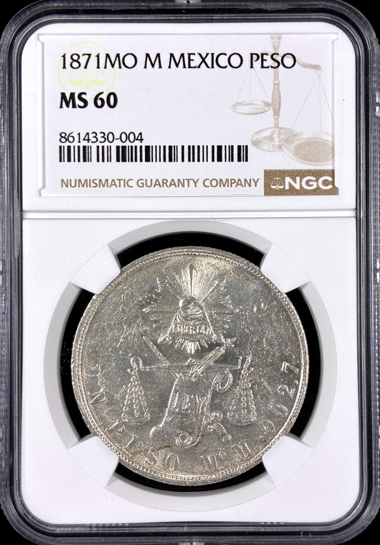 【雨安】【直播拍卖】【第0131期-评级币章】2026-04-04 周六 19:30 (金价1060, 银价18.08)  [评级美洲] Mexico 墨西哥 1比索 1871年 天平鹰洋  NGC-MS60