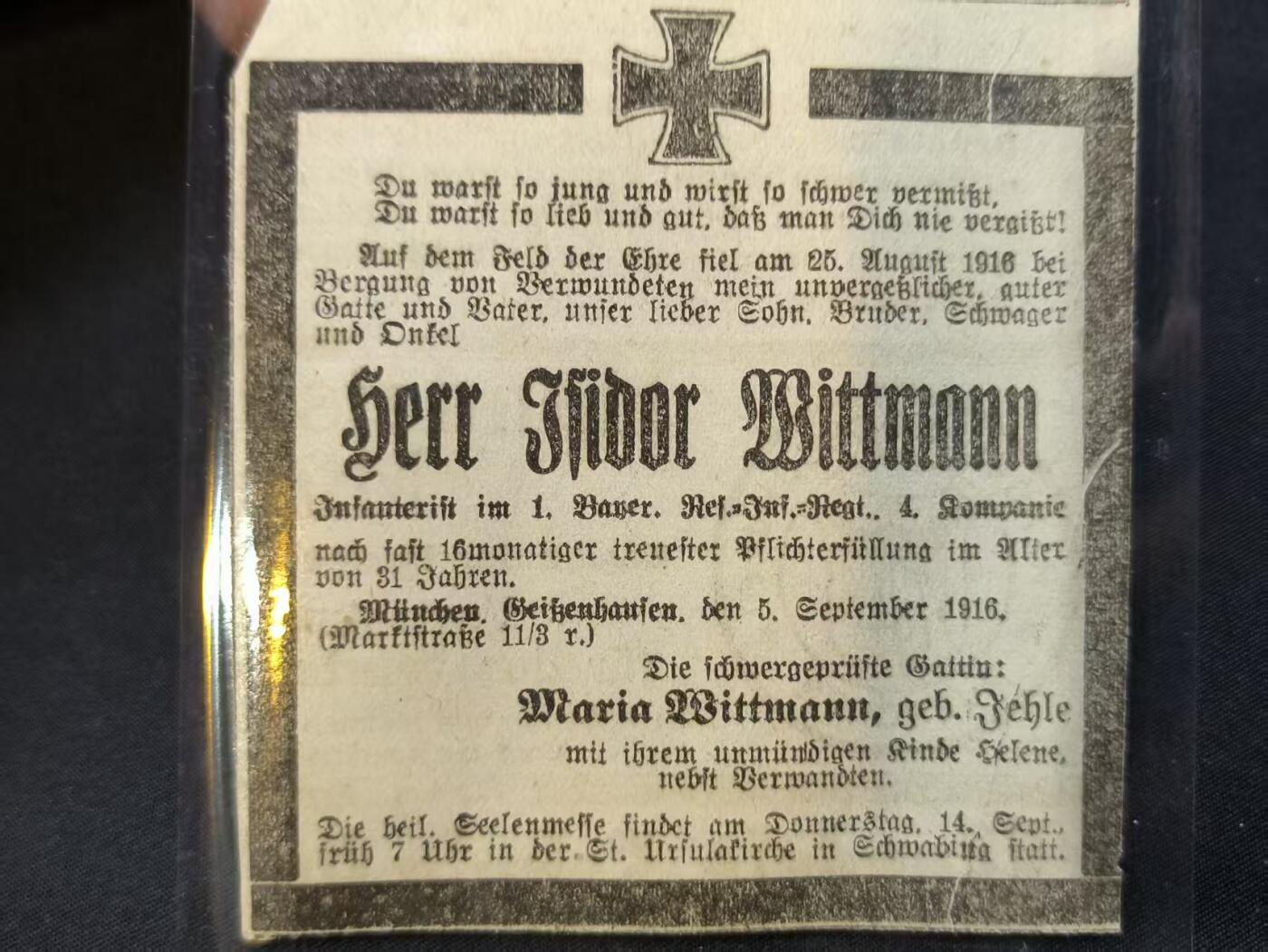 云宸嘉赏-勋臻佳藏四月精品甄选场次（低佣 一元一手） 德意志巴伐利亚王国步兵第一团第四连士兵伊西多尔・维特曼阵亡讣告 他在索姆河战役时抢救伤员死亡