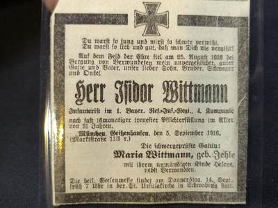 云宸嘉赏-勋臻佳藏四月精品甄选场次（低佣 一元一手） - 德意志巴伐利亚王国步兵第一团第四连士兵伊西多尔・维特曼阵亡讣告 他在索姆河战役时抢救伤员死亡