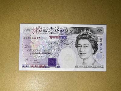 《愛美收藏》第239期-4.5周日外币黄金场  - 英格兰20镑 UNC E序列皇冠版 局部轻微荧光