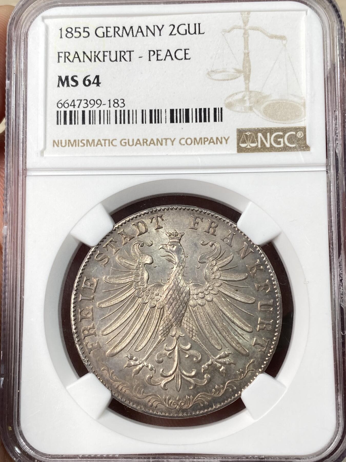 万国钱币拍卖第064期 NGC MS64 1855年德国法兰克福宗教和平纪念2古尔登银币 原味淡金彩打制锋利割手感十足