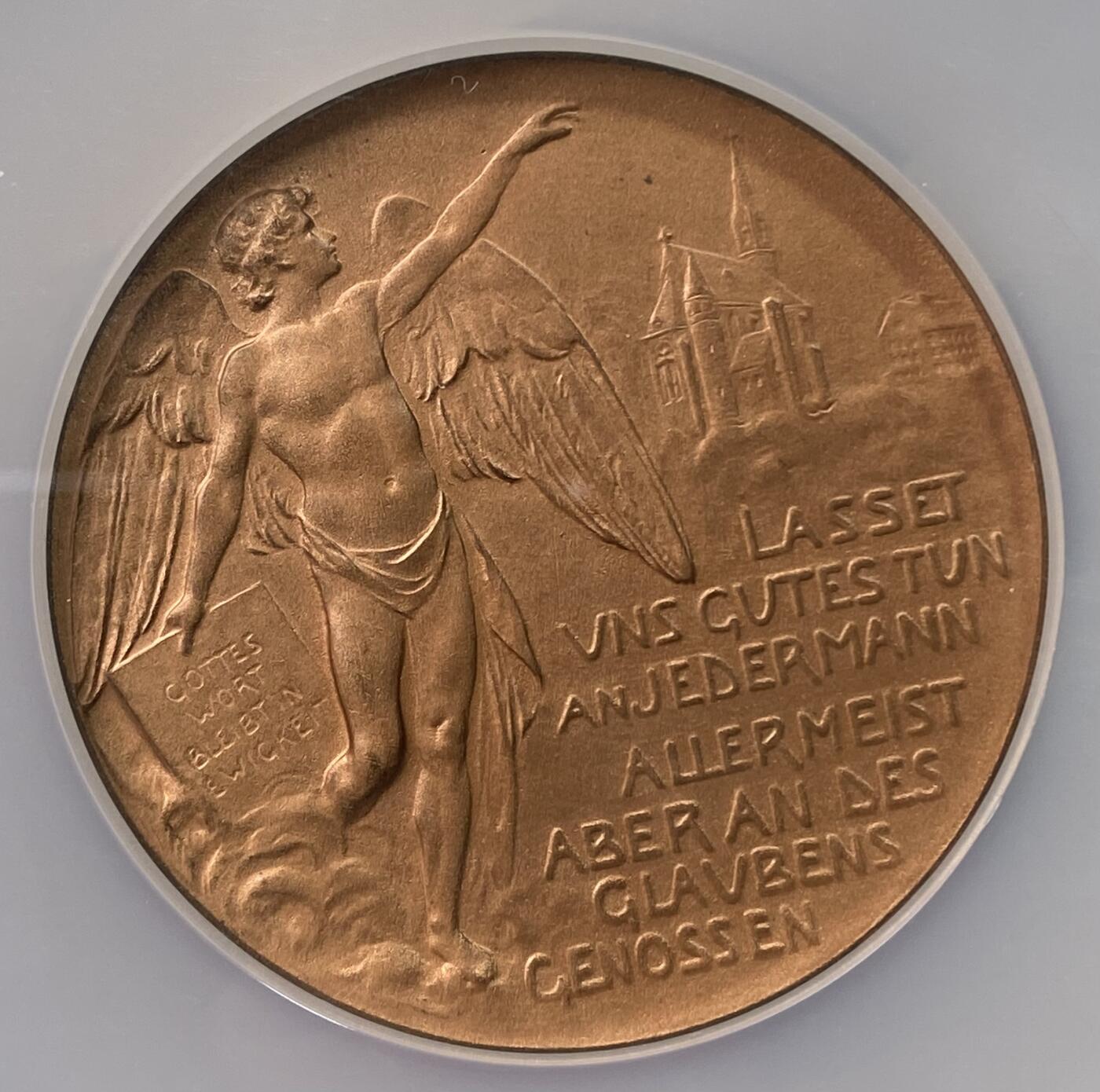万国钱币拍卖第064期 NGC MS63 1903年德国汉堡古斯塔夫·阿道夫基金会福音协会大会纪念大铜章 大天使指向教堂 大规格BU收藏级（评级盒右下角破损）