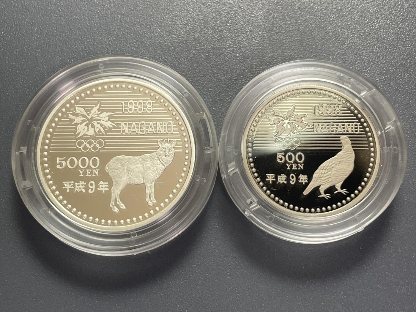 回流0406 长野奥林匹克冬季竞技大会纪念货币 平成9年（1997年）版 2枚精制币（proof）原盒套装