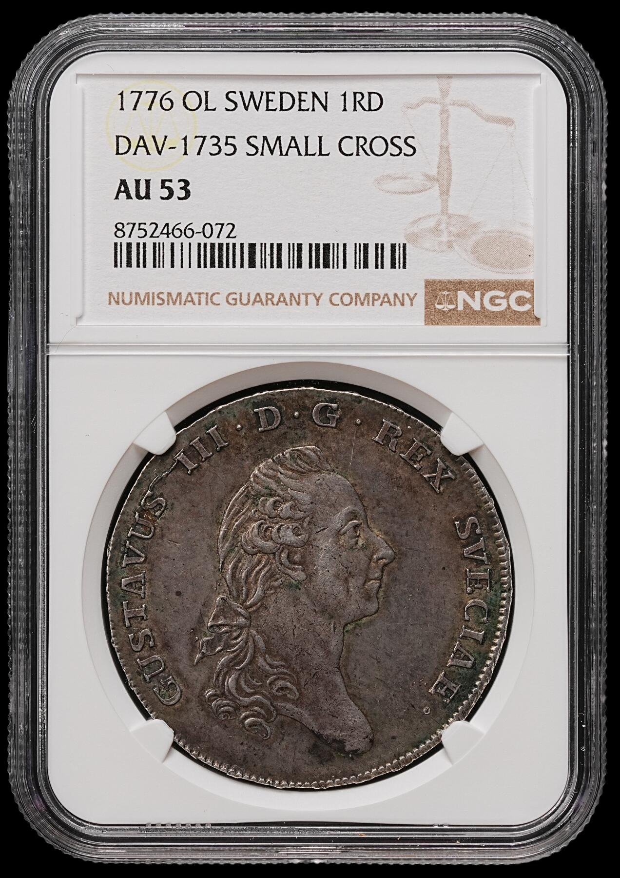 修遠堂世界钱币第110期 NGC AU53 瑞典1776年古斯塔夫三世1达勒大银币-小十字版
