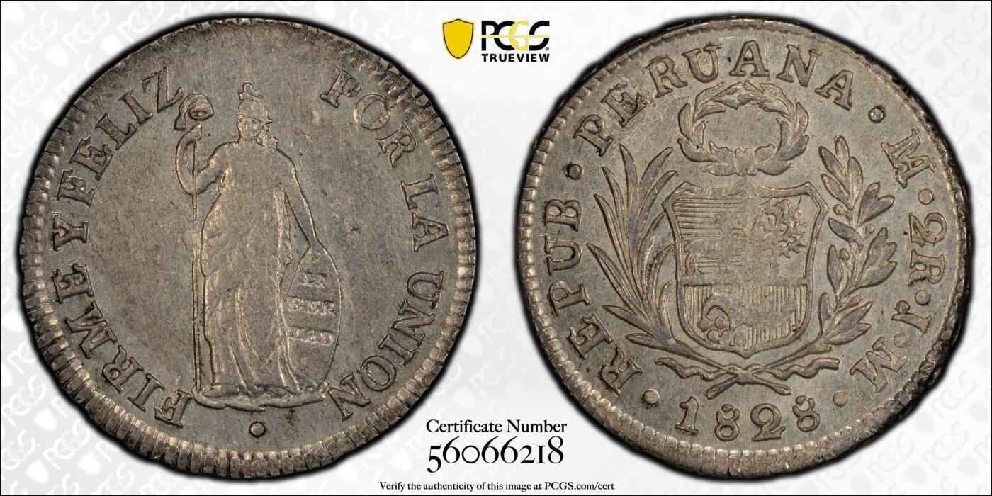 博洋堂世界钱币拍卖第167期（全场包邮） PCGS AU58 秘鲁1828年L JM站人2R银币，少见面值，极美五彩包浆，仅有2枚更高分