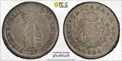 博洋堂世界钱币拍卖第167期（全场包邮） - PCGS AU58 秘鲁1828年L JM站人2R银币，少见面值，极美五彩包浆，仅有2枚更高分