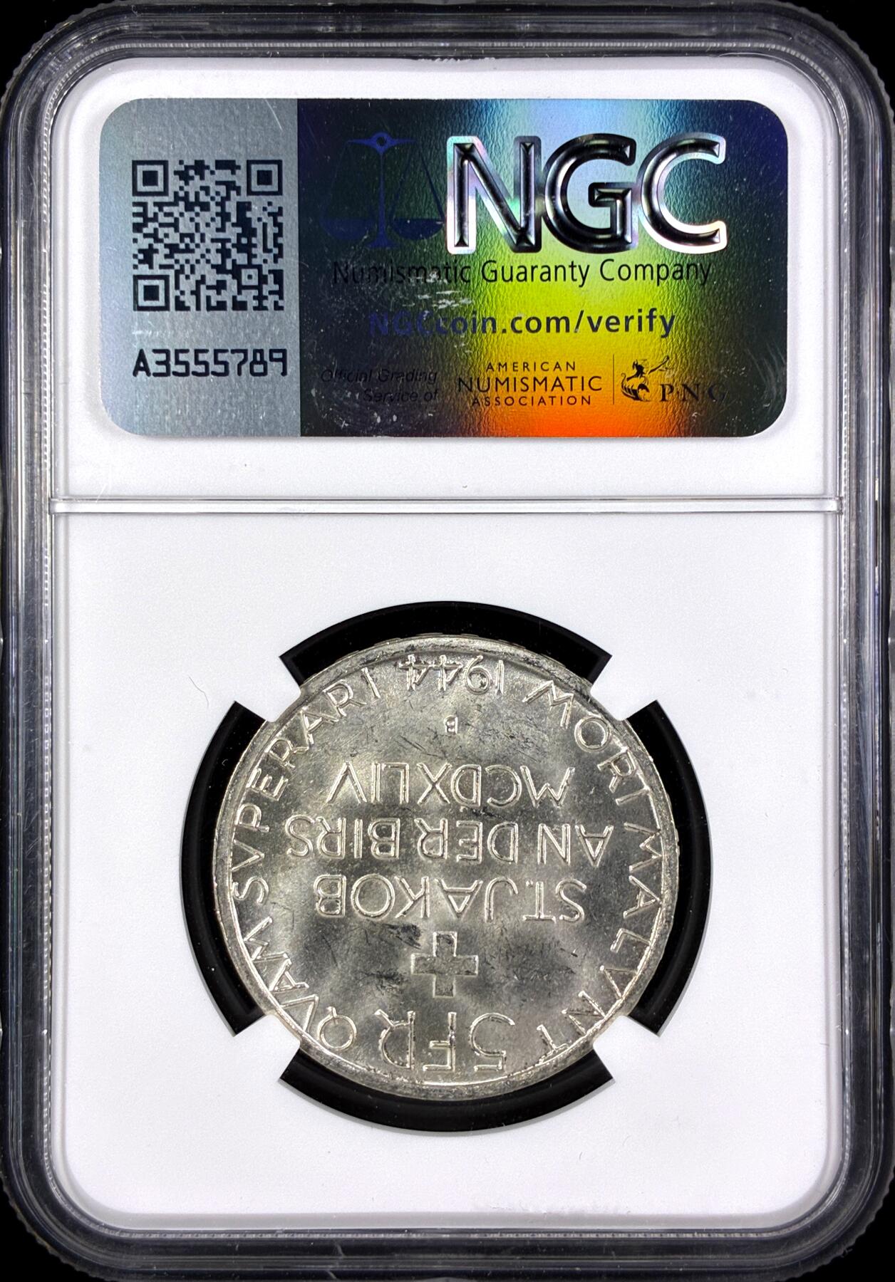 【雨安】【直播拍卖】【第0131期-评级币章】2026-04-04 周六 19:30 (金价1060, 银价18.08)  [评级欧洲] Switzerland 瑞士 5法郎 1944年 圣雅各布比尔斯战役 KM# 45  NGC-MS64