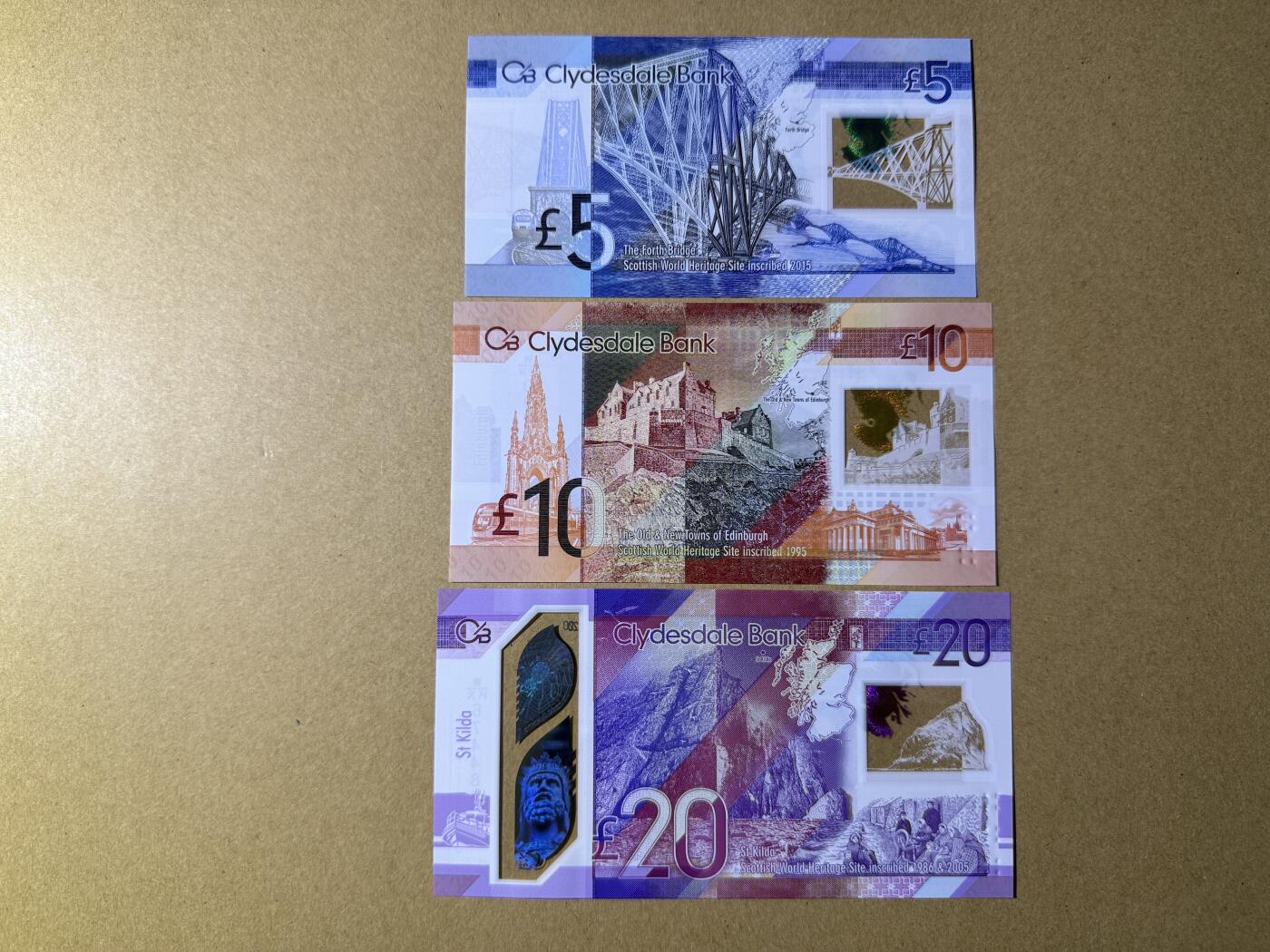 《愛美收藏》第239期-4.5周日外币黄金场  苏格兰5、10、20镑3张 UNC 克莱斯戴尔银行塑料钞
