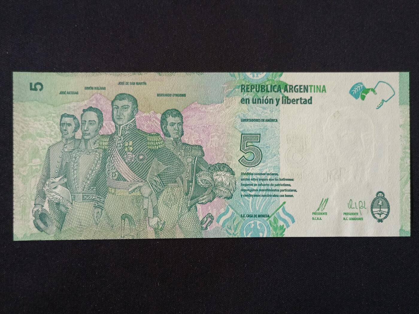 【游宝拍卖】丙午马年第18期 阿根廷-5比索【全新UNC】