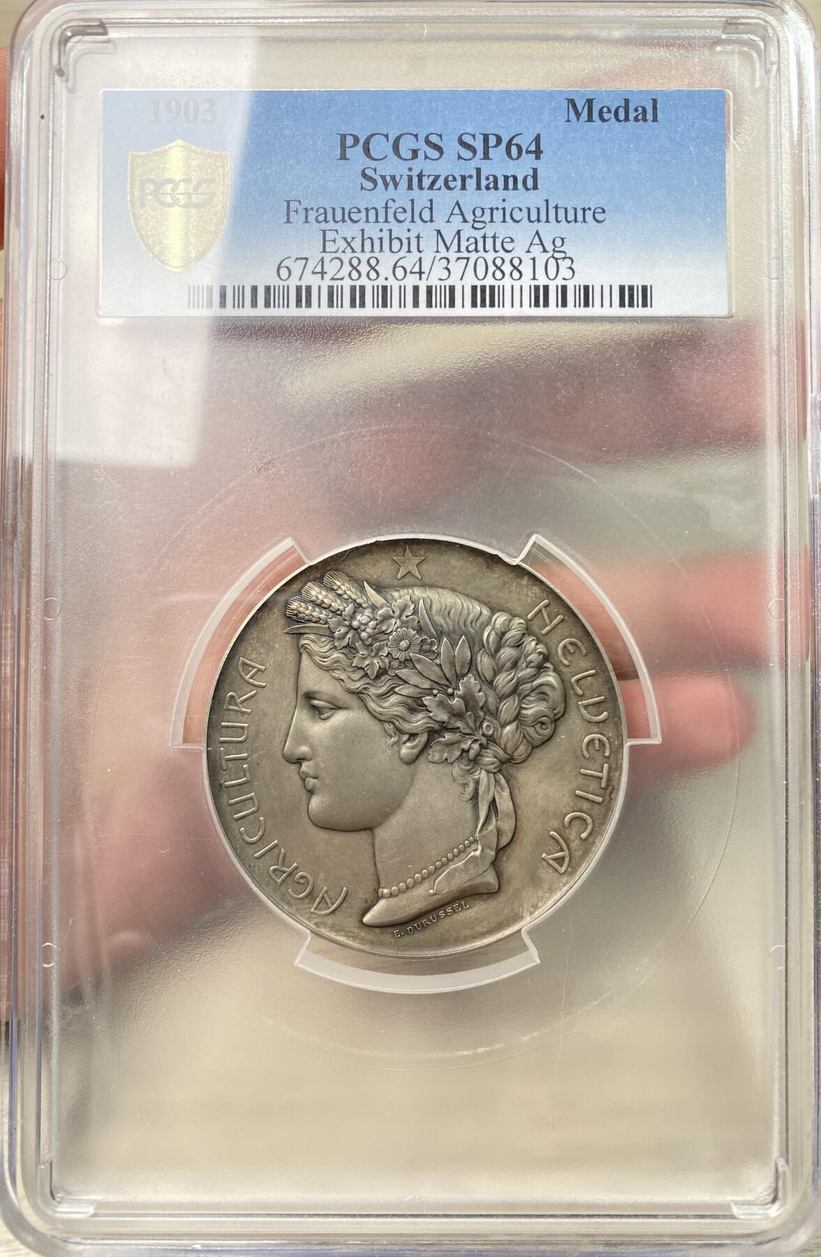 万国钱币拍卖第064期 PCGS SP64 1903年瑞士农业、林业和园艺博览会纪念大银章 罕见瑞士女神花冠侧像 设计饱满精美大规格