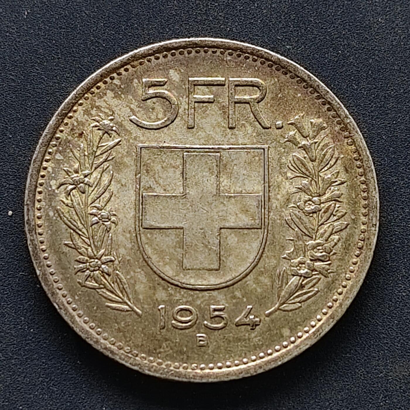 【全场包邮】纯粹捡漏拍519场 瑞士1954年威廉·退尔5法郎银币【31毫米15克83.5%】