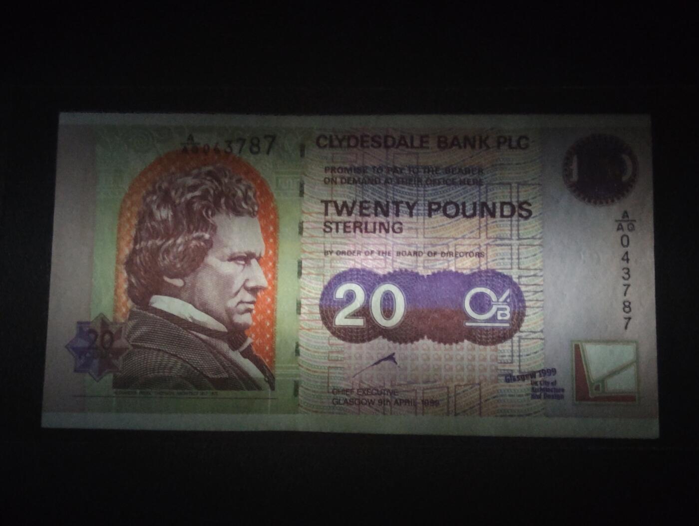 2026四月第一期，总222期 苏格兰克莱斯戴勒银行1999年格拉斯哥荣获英国城市规划设计奖20镑纪念钞UNC微潮，亚历山大.汤姆森和他的故居，少见品种