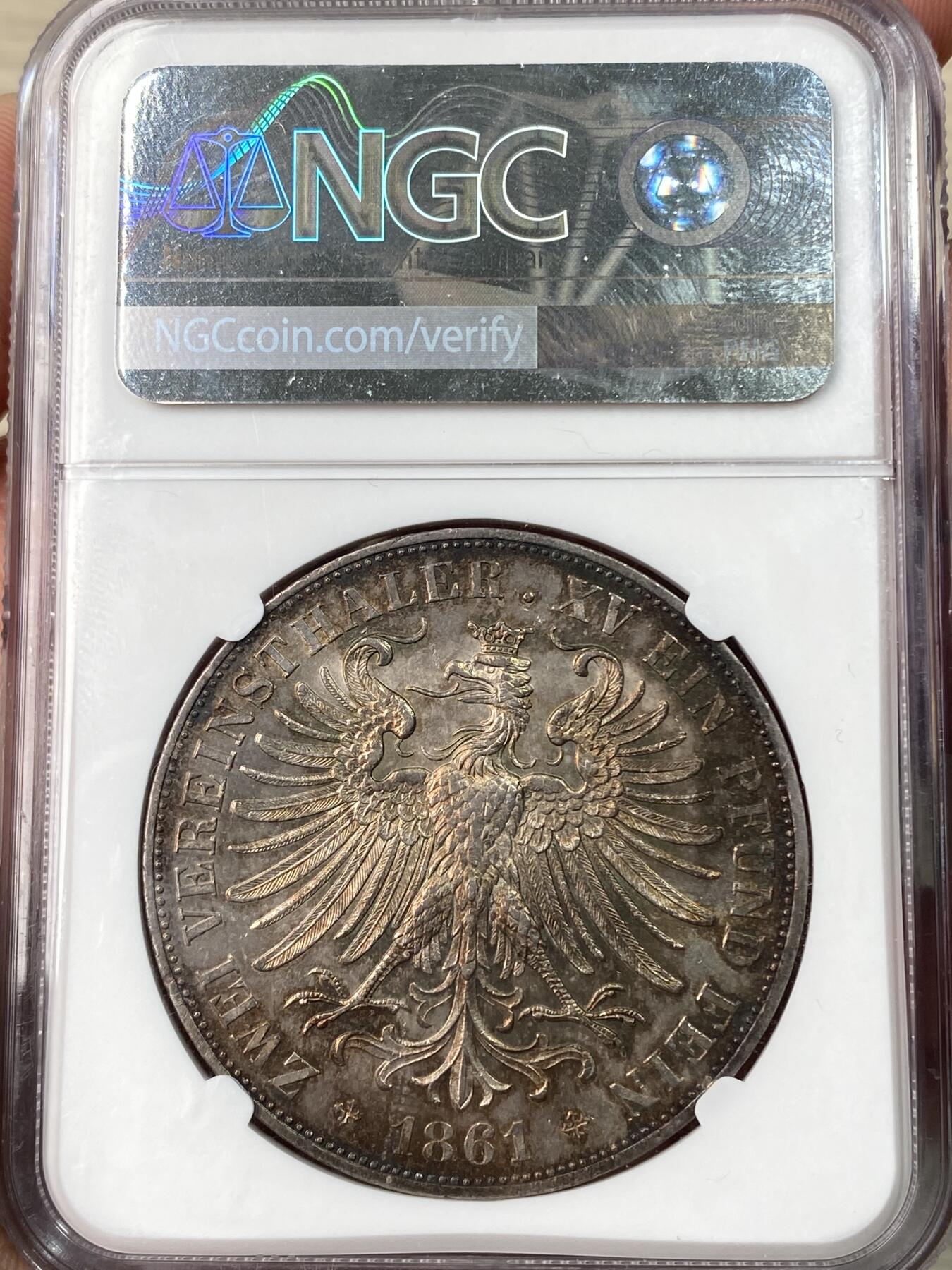 万国钱币拍卖第064期 NGC MS62 1861年德国法兰克福少女流通2泰勒 经典法兰城少女2T 火烧云五彩转光极美收藏级