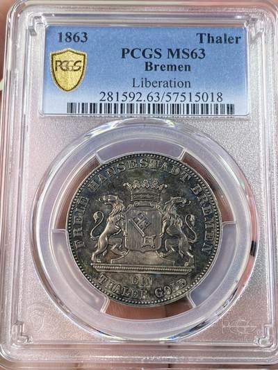 万国钱币拍卖第064期 - PCGS MS63 1863年德国不莱梅解放五十周年纪念1泰勒 不莱梅三款双狮联合泰勒中发行量最少的一款 仅铸造2W枚且充分流通 好品难寻 浓郁欧陆五彩裹身极美收藏级