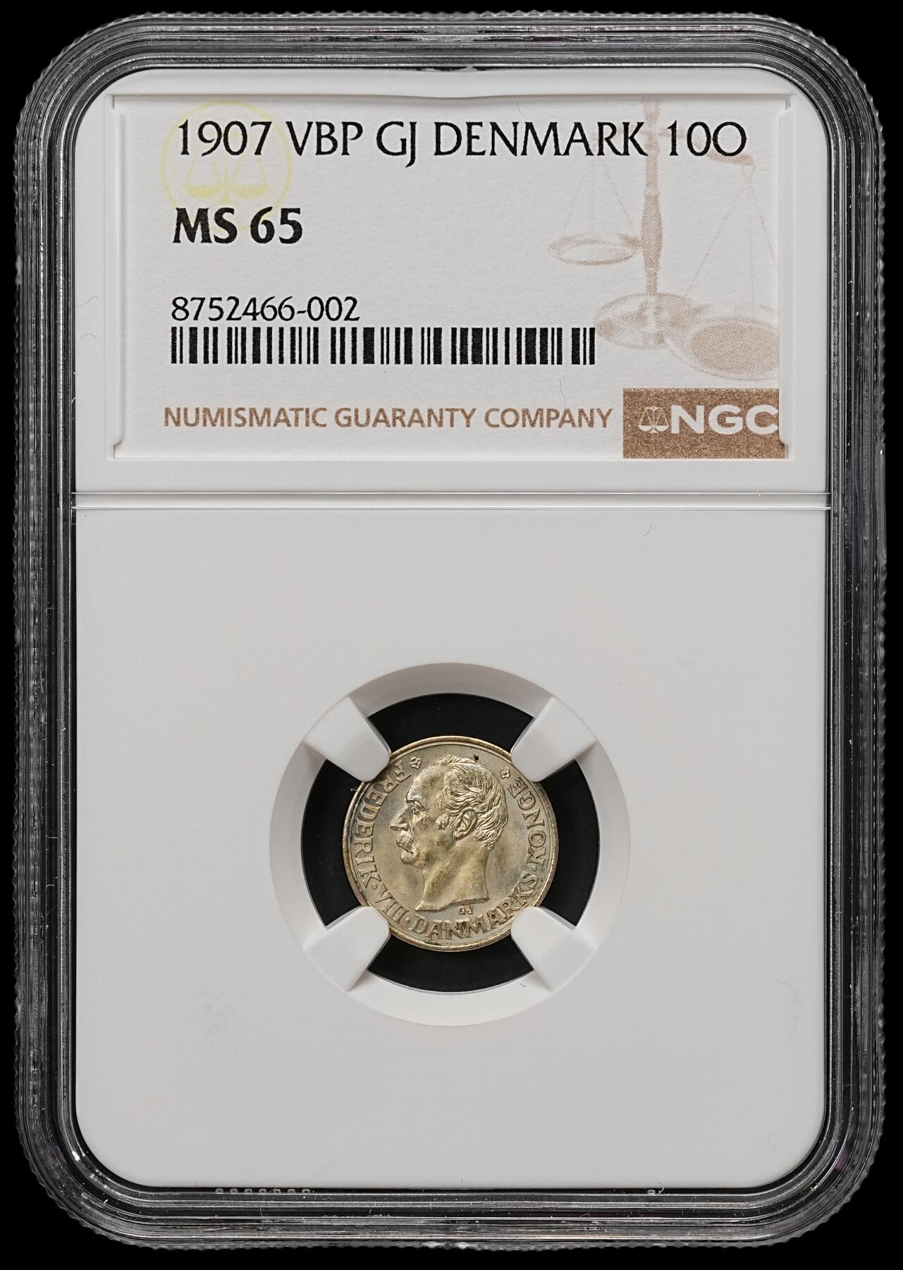 修遠堂世界钱币第110期 NGC MS65  1907年丹麦10欧尔银币