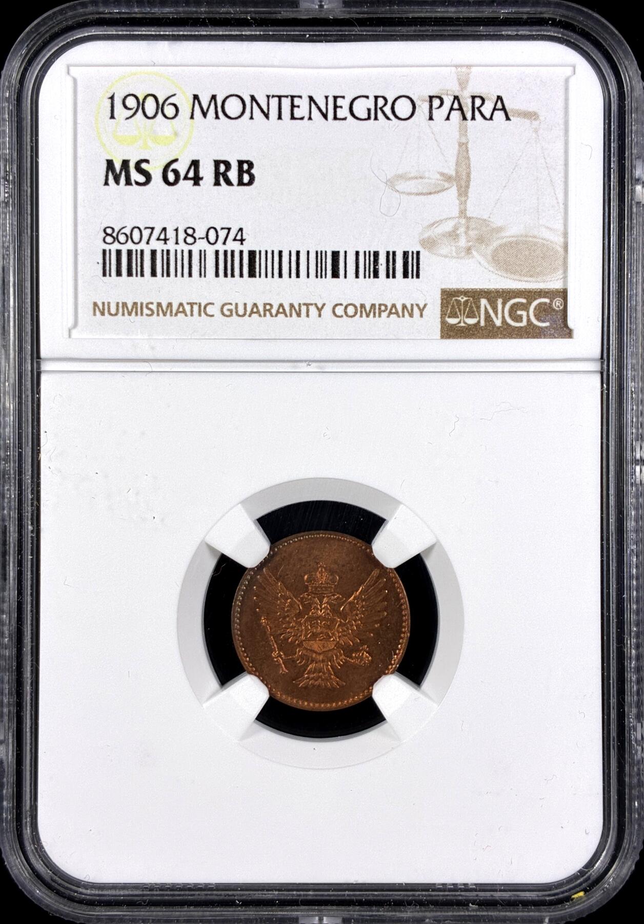 【雨安】【直播拍卖】【第0131期-评级币章】2026-04-04 周六 19:30 (金价1060, 银价18.08)  [评级欧洲] Montenegro 黑山 1佩拉 1906年  NGC-MS64