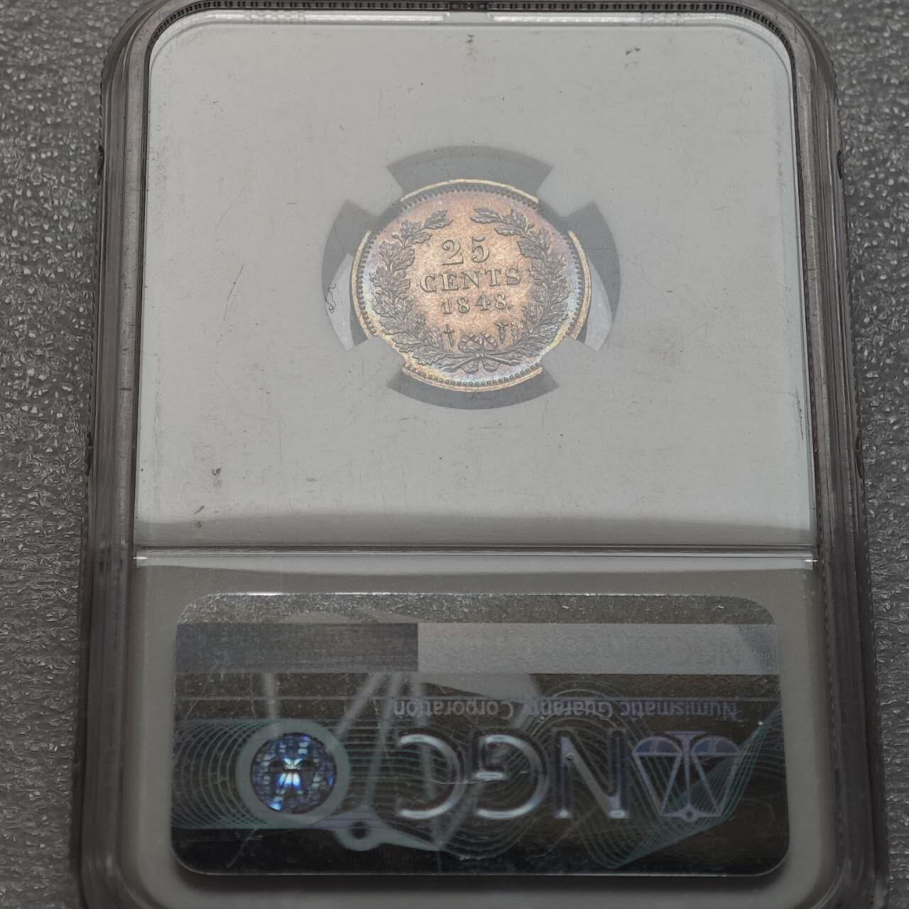  【淘币小摊】限时拍第八百九十二拍   教皇国塞舌尔加纳危地马拉场    每周一统一发货 荷兰1848年25分银币包浆美品 NGC AUD