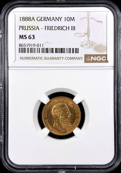 【雨安】【直播拍卖】【第0131期-评级币章】2026-04-04 周六 19:30 (金价1060, 银价18.08)  - [评级金铂] Germany [金币] 德国 帝国 J.247 Prussia普鲁士 10马克 (1888) 三皇  NGC-MS63
