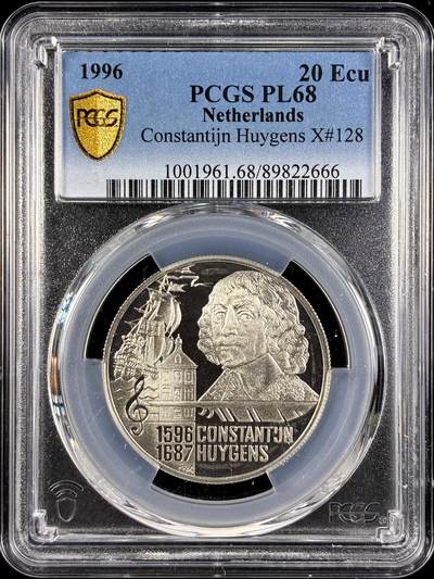 【雨安】【直播拍卖】【第0131期-评级币章】2026-04-04 周六 19:30 (金价1060, 银价18.08)  - [评级现代] Netherlands 荷兰 20埃居 1996年 康斯坦丁·惠更斯 PCGS-PL68