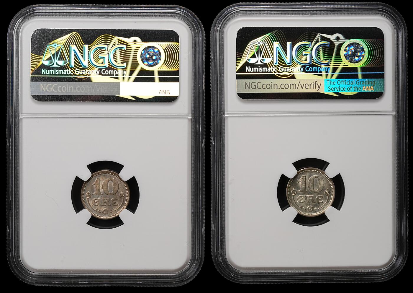 修遠堂世界钱币第110期 NGC评级  1919年丹麦10欧尔银币两枚