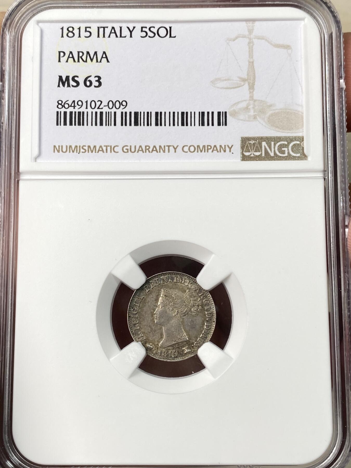 万国钱币拍卖第064期 NGC MS63 1815年意大利帕尔马5索尔迪银币 拿皇夫人帕尔马女大公玛丽亚·露易丝 双面均匀欧陆五彩环绕 国际市场广受欢迎的品种 典藏级品质不可错过