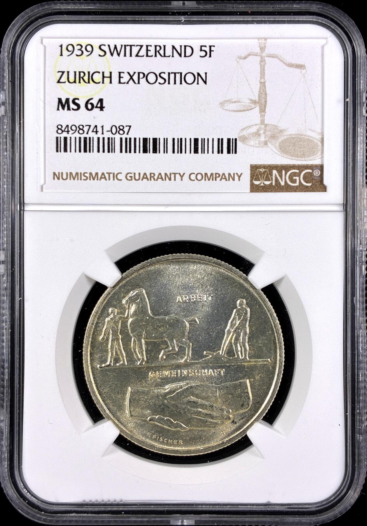 【雨安】【直播拍卖】【第0131期-评级币章】2026-04-04 周六 19:30 (金价1060, 银价18.08)  [评级欧洲] Switzerland 瑞士 5法郎 1939年 苏黎世博览会 KM# 43  NGC-MS64