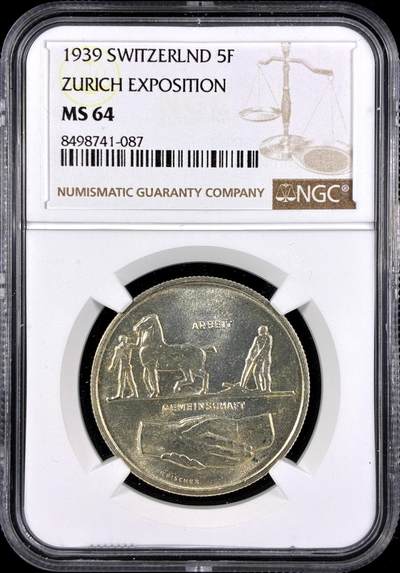 【雨安】【直播拍卖】【第0131期-评级币章】2026-04-04 周六 19:30 (金价1060, 银价18.08)  - [评级欧洲] Switzerland 瑞士 5法郎 1939年 苏黎世博览会 KM# 43  NGC-MS64