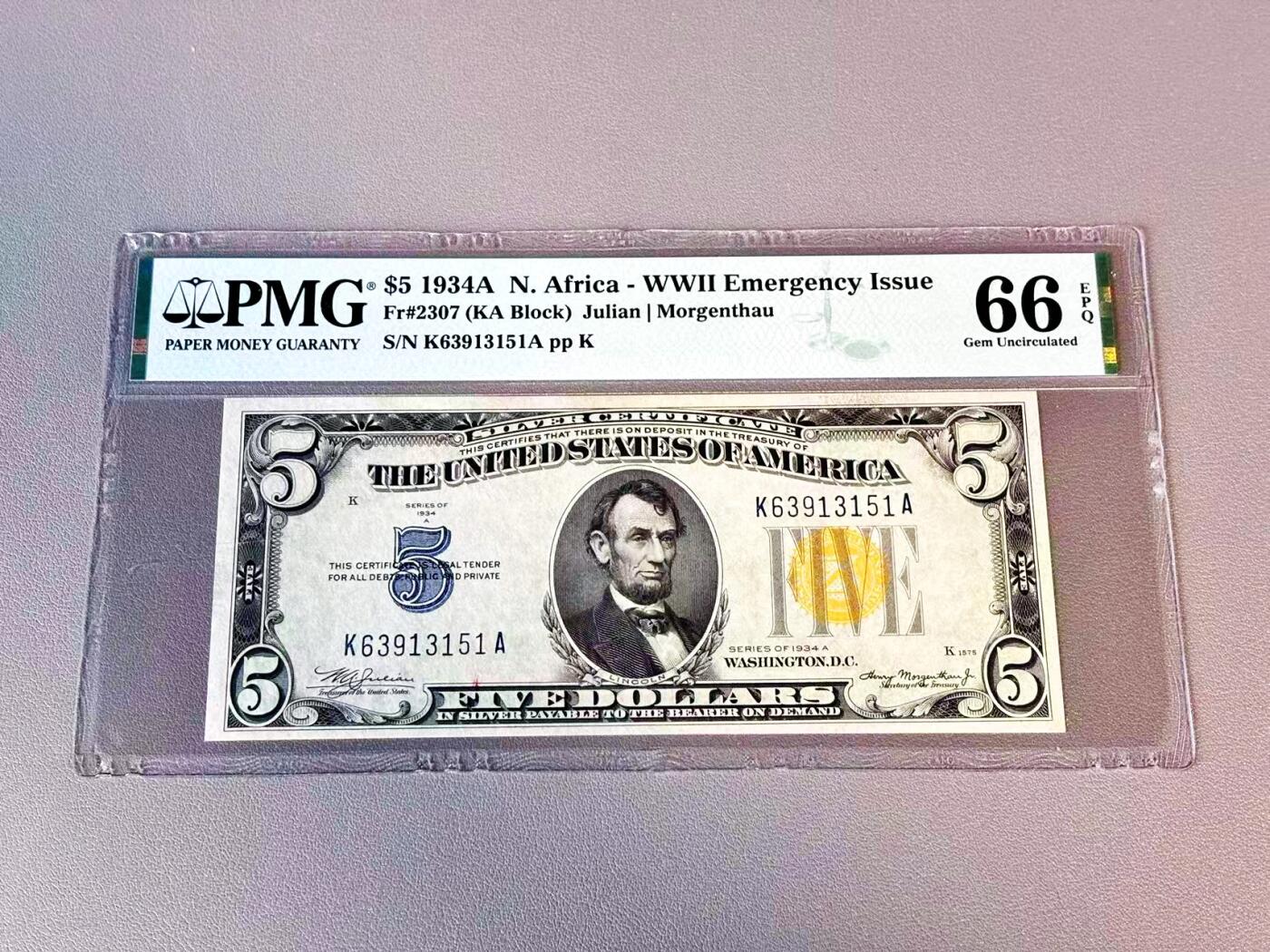 【Blue Auction】世界纸币精拍第804期——18级TOP拍卖/信誉/品质/专业/高效💫 【无47 升值品种】美国 1934年5美金 北非券 林肯 PMG66EPQ 高分（壳子上一处划痕 纸币无影响）