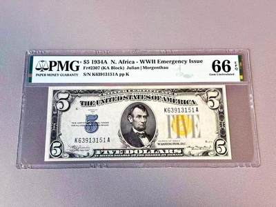 【Blue Auction】世界纸币精拍第804期——18级TOP拍卖/信誉/品质/专业/高效💫 - 【无47 升值品种】美国 1934年5美金 北非券 林肯 PMG66EPQ 高分（壳子上一处划痕 纸币无影响）