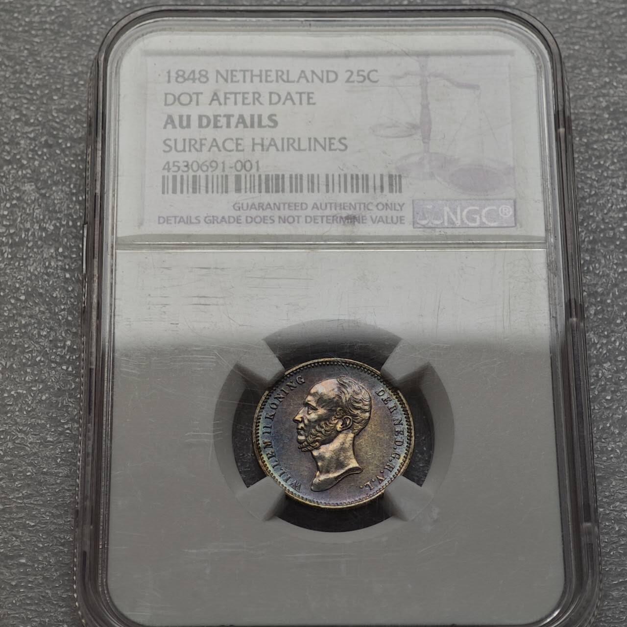  【淘币小摊】限时拍第八百九十二拍   教皇国塞舌尔加纳危地马拉场    每周一统一发货 荷兰1848年25分银币包浆美品 NGC AUD