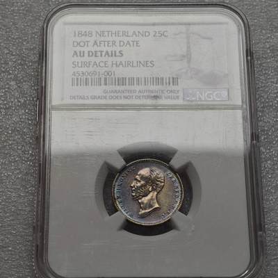  【淘币小摊】限时拍第八百九十二拍   教皇国塞舌尔加纳危地马拉场    每周一统一发货 - 荷兰1848年25分银币包浆美品 NGC AUD