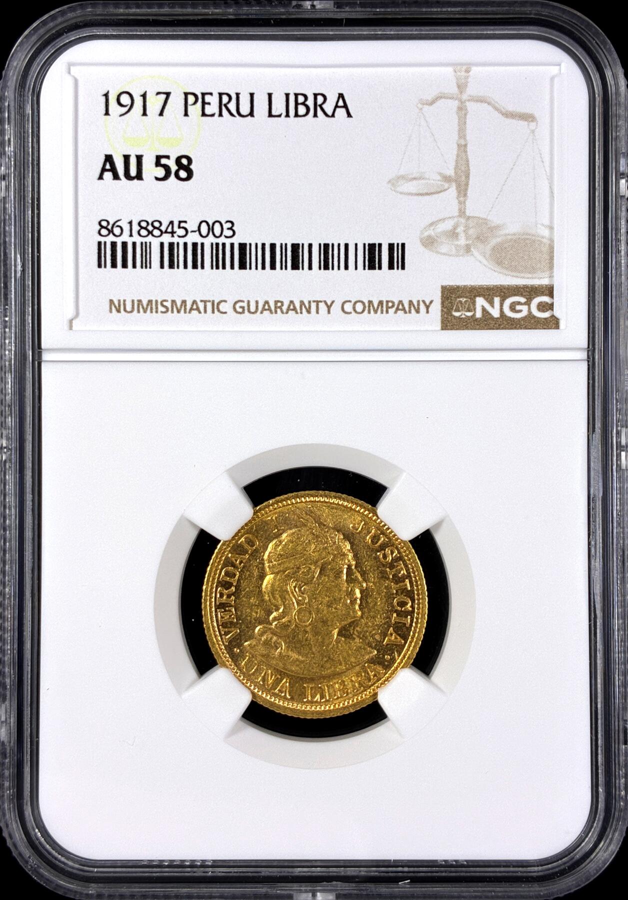 【雨安】【直播拍卖】【第0131期-评级币章】2026-04-04 周六 19:30 (金价1060, 银价18.08)  [评级金铂] Peru [金币] 秘鲁 1Libra 1917年 [7.9881克, 0.917金]  NGC-AU58