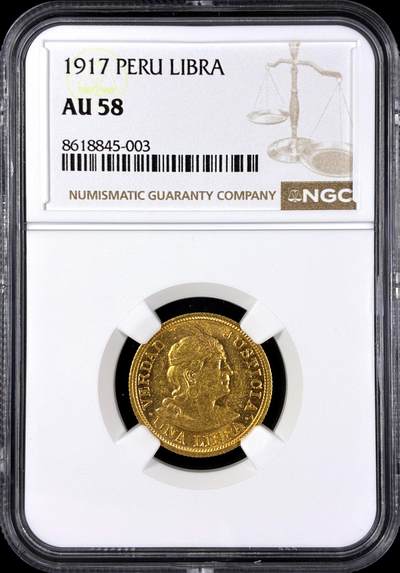 【雨安】【直播拍卖】【第0131期-评级币章】2026-04-04 周六 19:30 (金价1060, 银价18.08)  - [评级金铂] Peru [金币] 秘鲁 1Libra 1917年 [7.9881克, 0.917金]  NGC-AU58