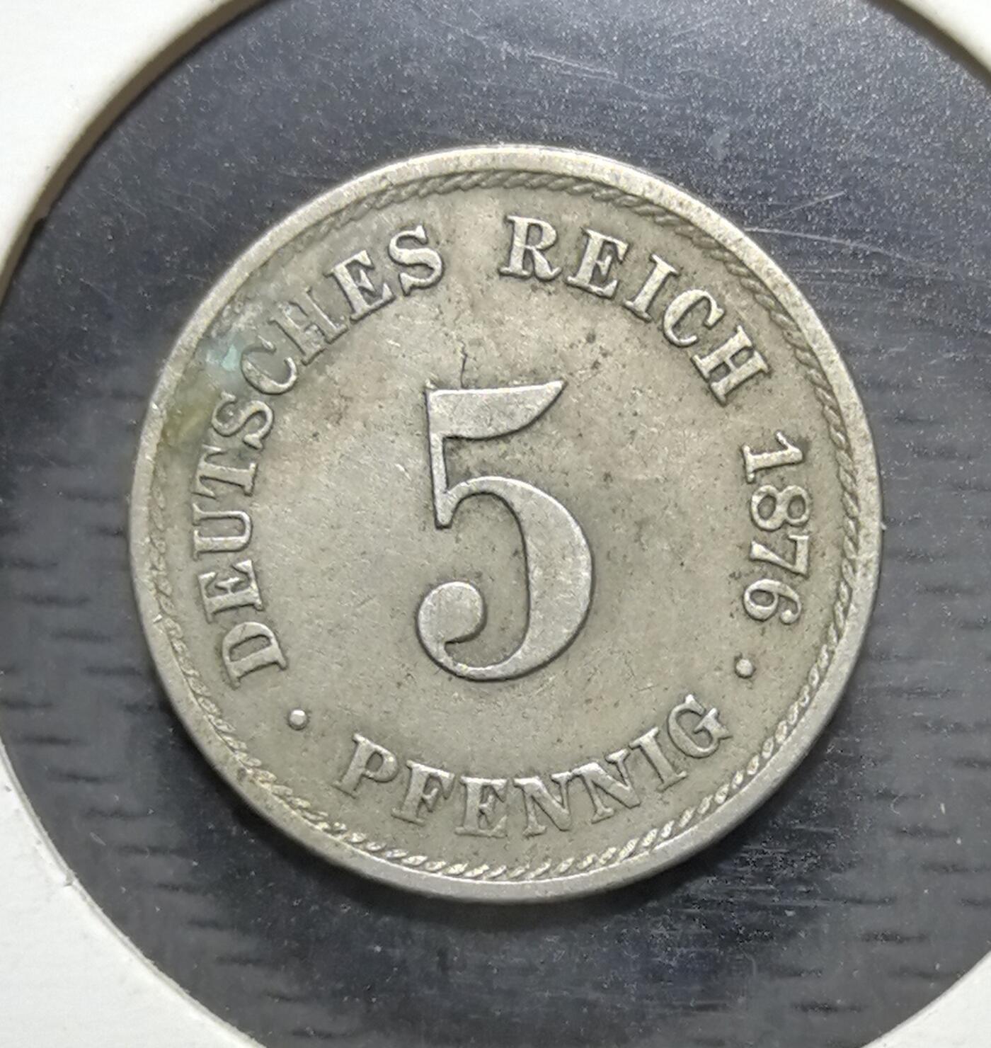 外国优质银币克朗币纪念章，每周六晚九点倒数截拍，满百包邮可寄存，持续收拍 德意志第二帝国1876年5 芬尼，正面为帝国鹰徽，是德国统一后首套标准化流通币，见证了德意志帝国的建立与近代货币体系的统一。