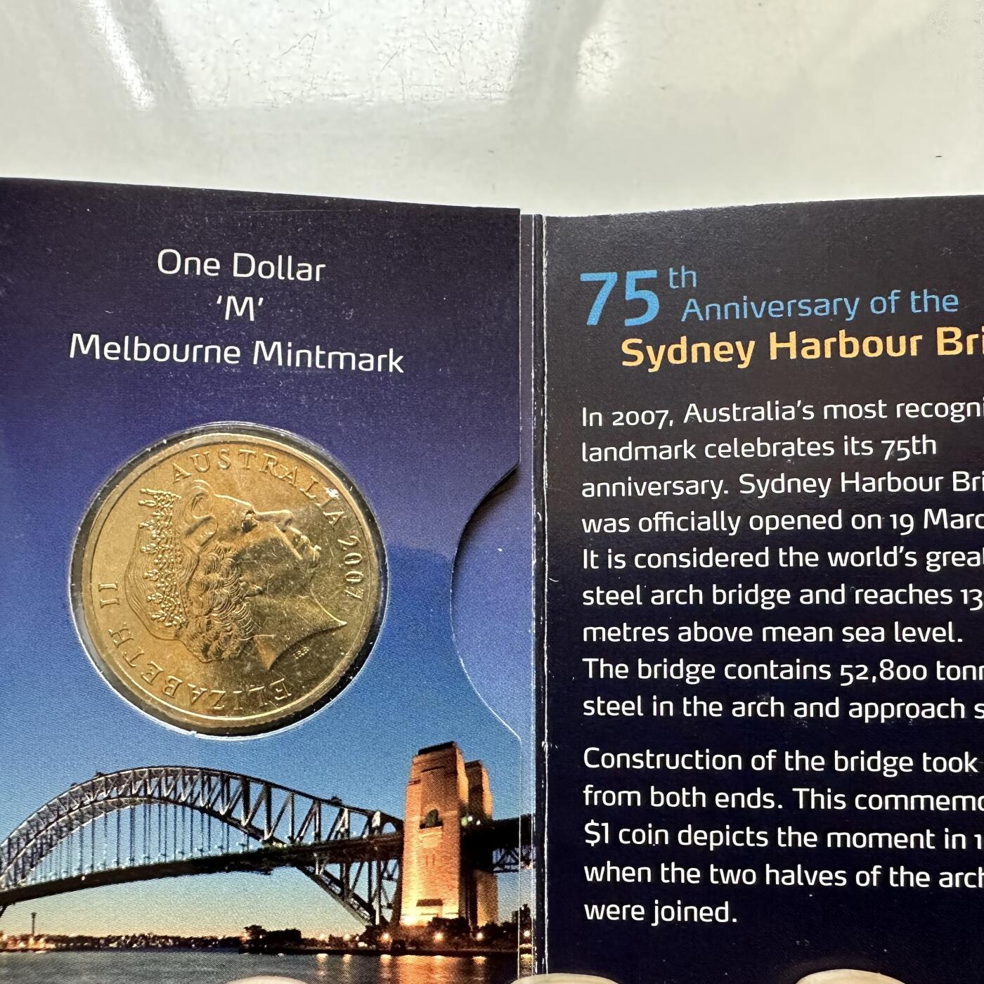 🌹外币初藏🌹🐯2026年第37场   每周二四六晚8️⃣点 接代拍 澳大利亚 2007年 悉尼海港大桥建成75周年 M厂版 1元纪念币 原装卡 墨尔本造币厂 币面有划伤