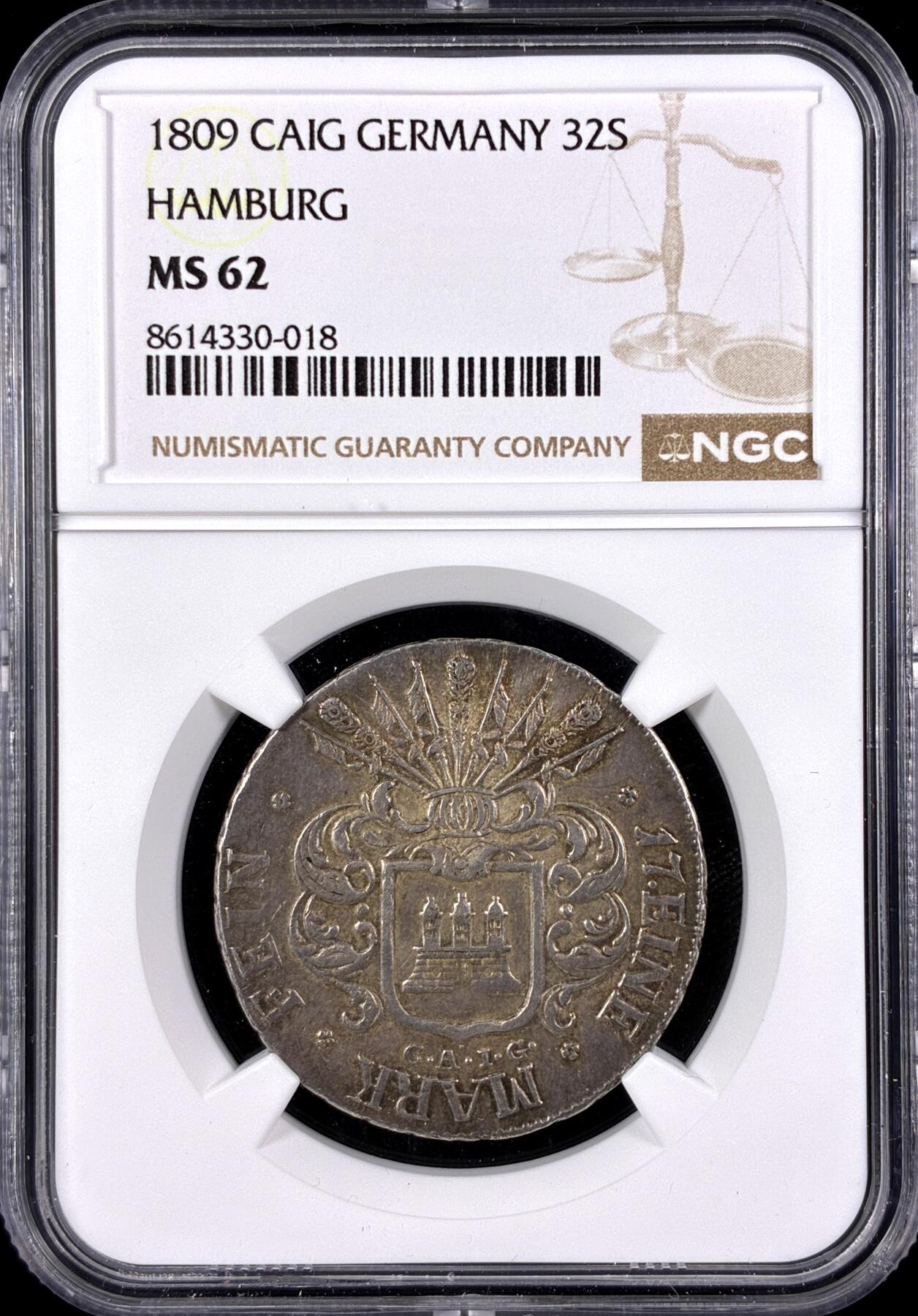【雨安】【直播拍卖】【第0131期-评级币章】2026-04-04 周六 19:30 (金价1060, 银价18.08)  [评级德国] Germany 德国 德意志 Hamburg汉堡 32先令 1809年  NGC-MS62