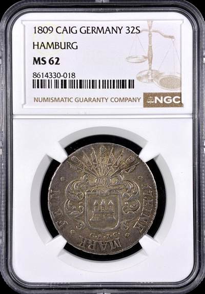 【雨安】【直播拍卖】【第0131期-评级币章】2026-04-04 周六 19:30 (金价1060, 银价18.08)  - [评级德国] Germany 德国 德意志 Hamburg汉堡 32先令 1809年  NGC-MS62