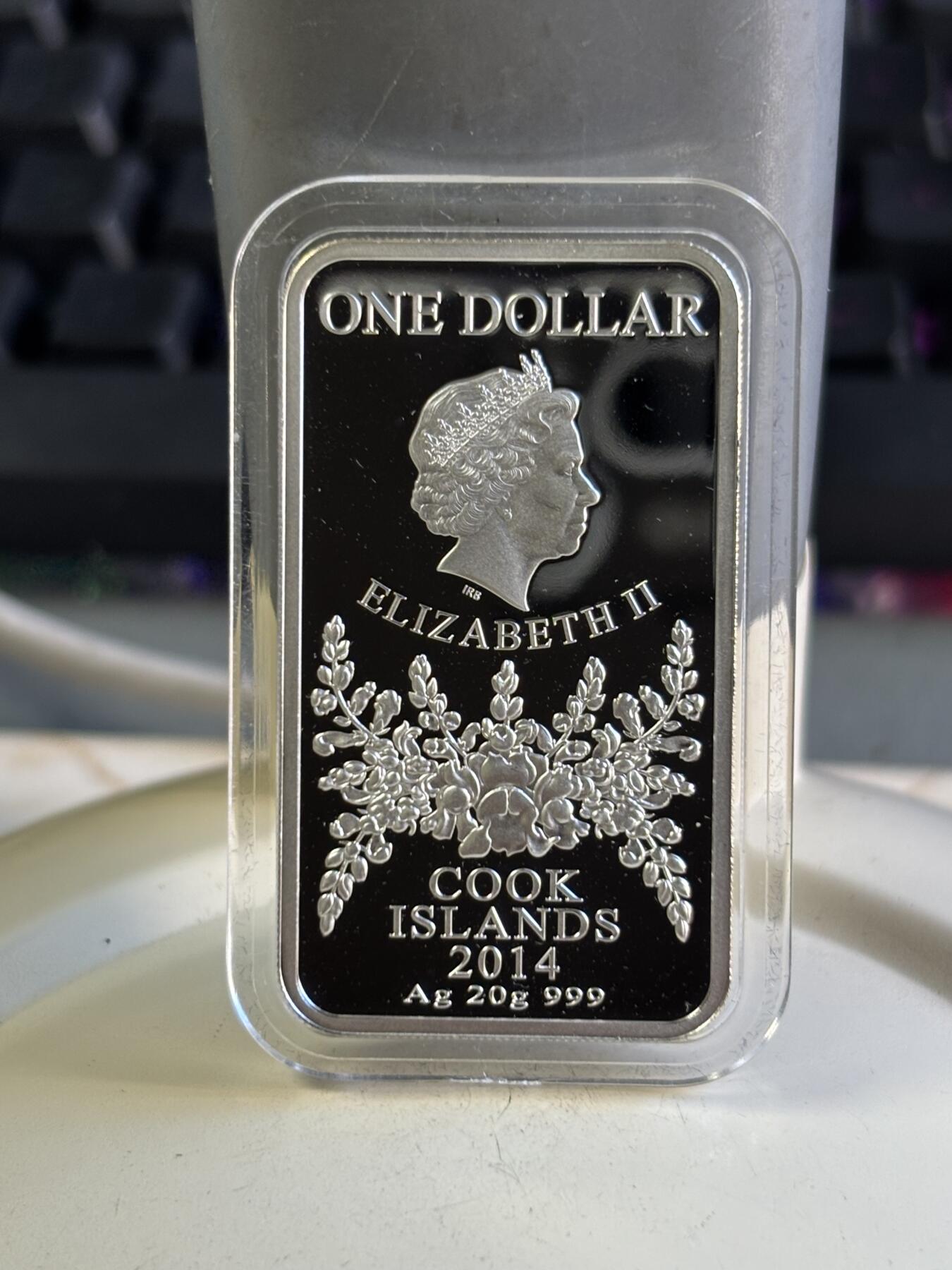 第196期拍卖 库克2014十二星座系列双鱼座彩色长方形精制银币20克，999银，发行5000枚