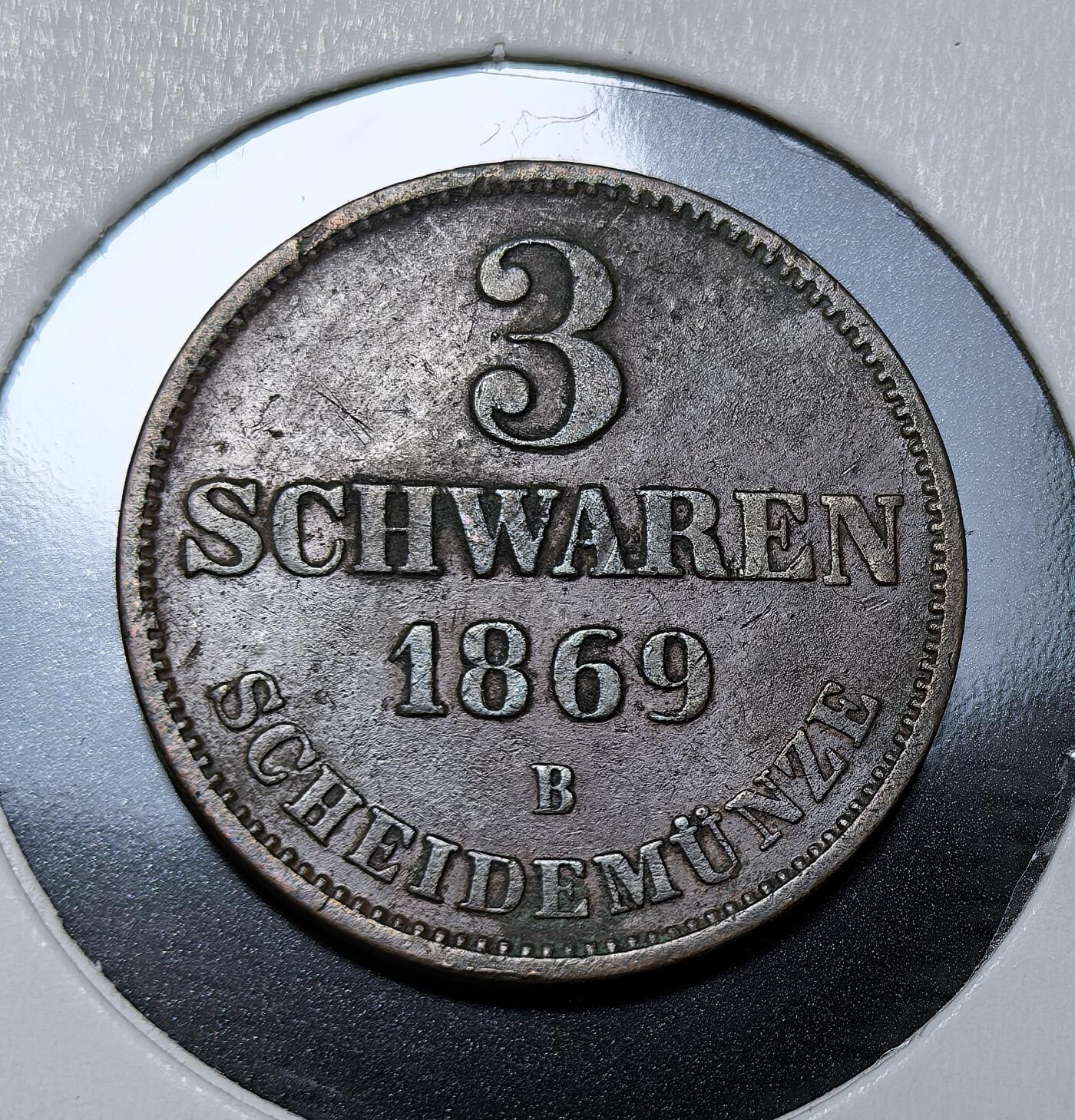 外国优质银币克朗币纪念章，每周六晚九点倒数截拍，满百包邮可寄存，持续收拍 德意志奥尔登堡大公国1869年3芬尼铜币，彼得二世在位时期铸造，属地方流通辅币，是德意志统一前邦国货币体系的实物见证。