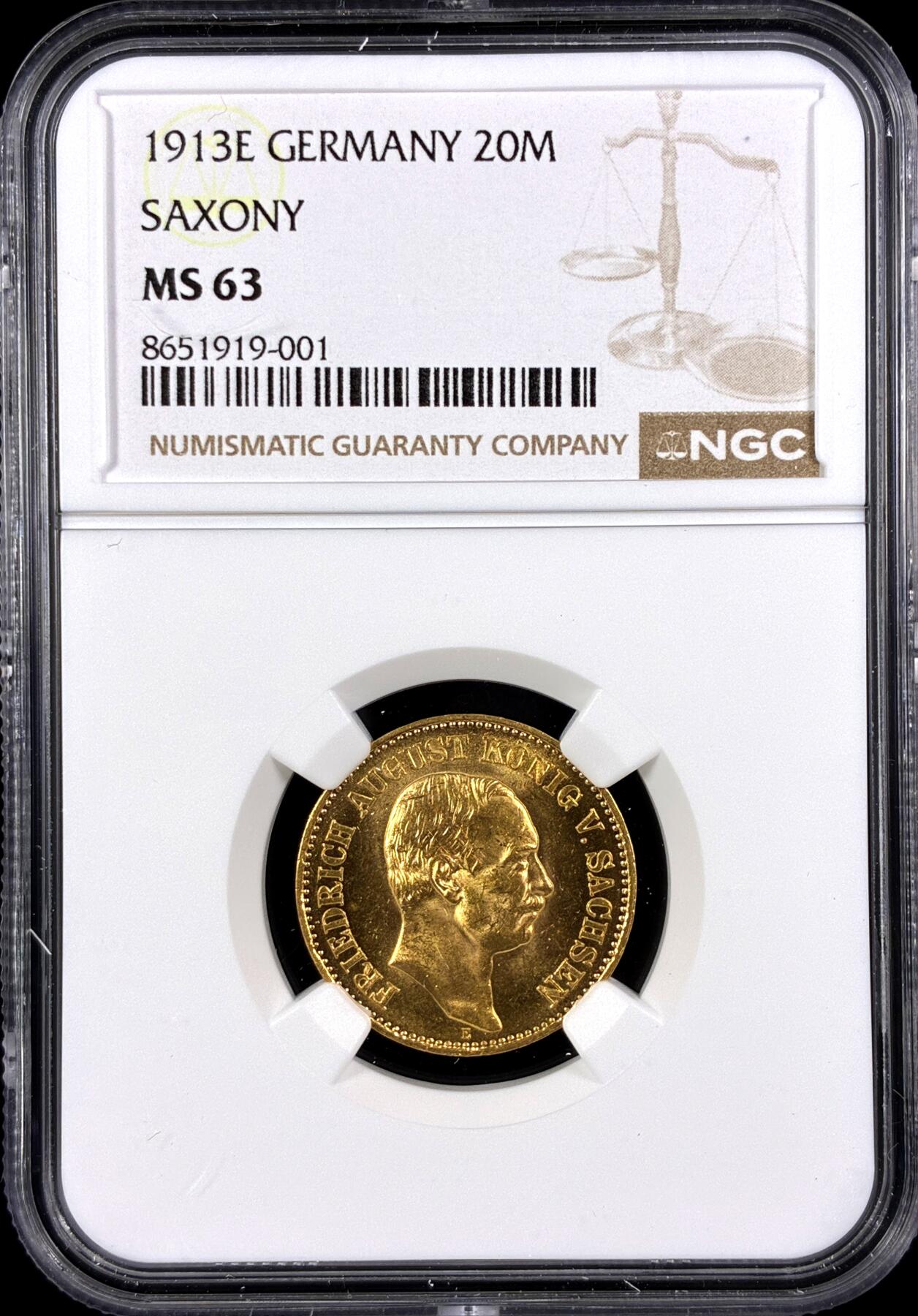 【雨安】【直播拍卖】【第0131期-评级币章】2026-04-04 周六 19:30 (金价1060, 银价18.08)  [评级金铂] Germany [金币] 德国 帝国 J.268 Saxony萨克森 20马克 ((1905-1914) 奥古斯特三世 1913年  NGC-MS63