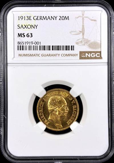【雨安】【直播拍卖】【第0131期-评级币章】2026-04-04 周六 19:30 (金价1060, 银价18.08)  - [评级金铂] Germany [金币] 德国 帝国 J.268 Saxony萨克森 20马克 ((1905-1914) 奥古斯特三世 1913年  NGC-MS63