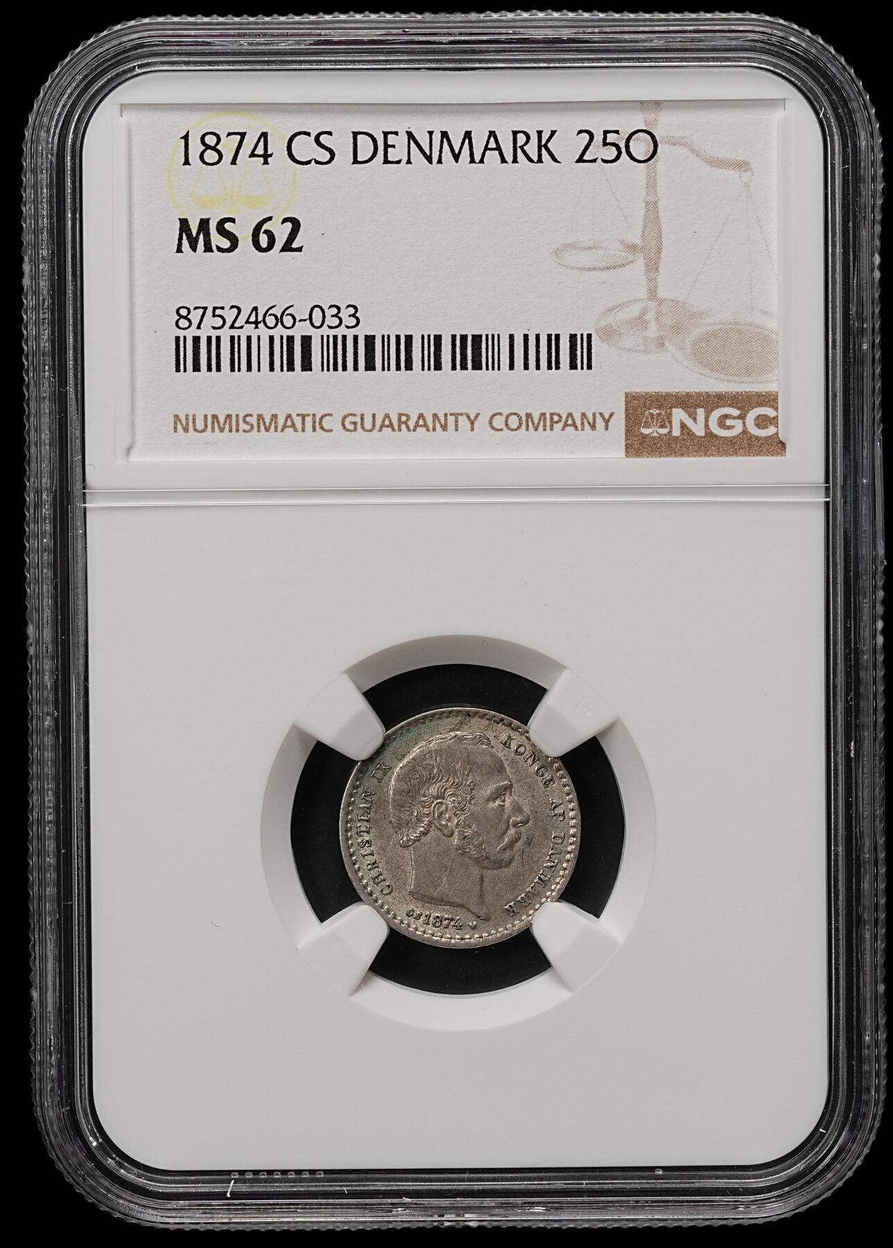 修遠堂世界钱币第110期 NGC MS62 1874年丹麦海豚25欧尔银币，首年份，充分流通品种，MS稀见