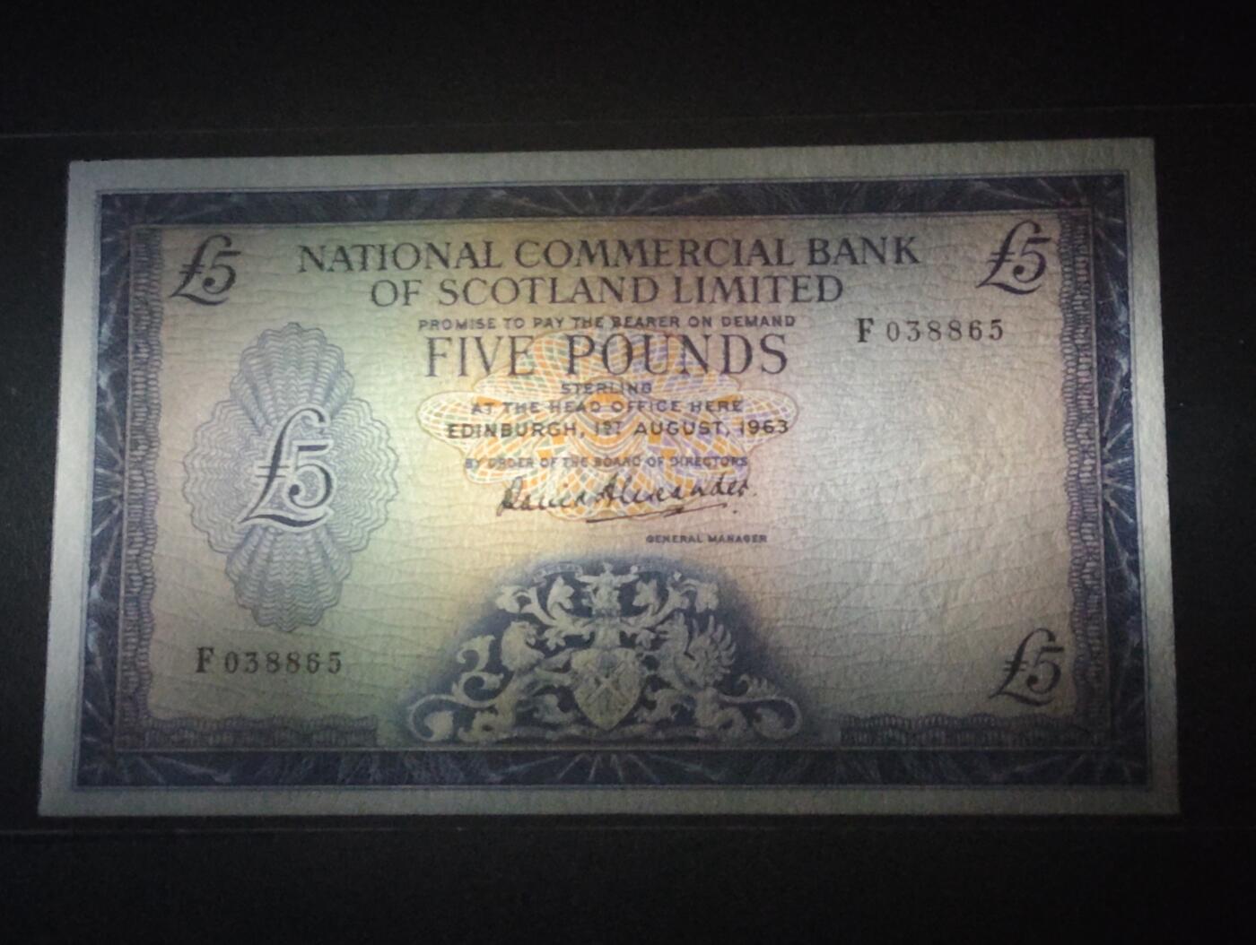 2026四月第一期，总222期 苏格兰国家商业银行1963年5镑UNC- 少见早期商业银行品种