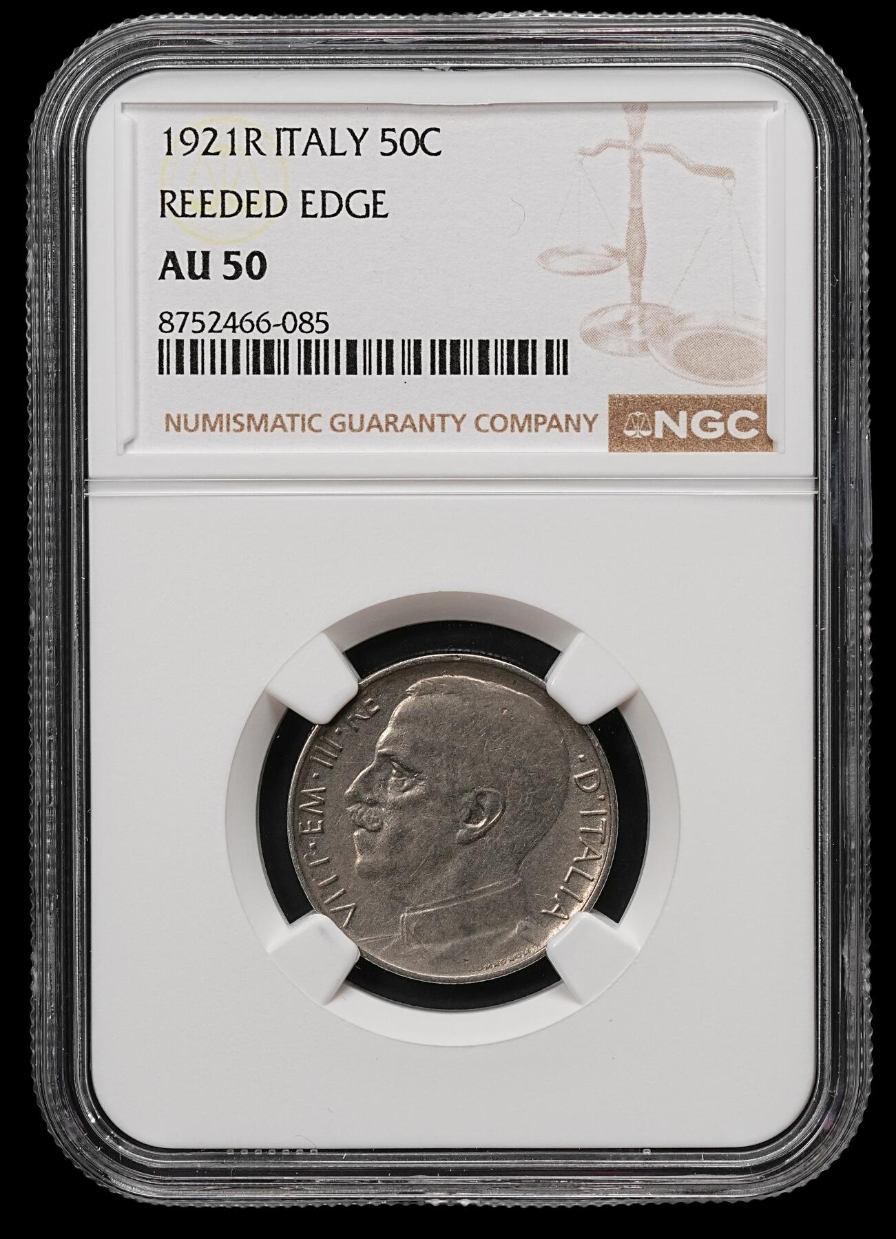 修遠堂世界钱币第110期 NGC AU50 1921年意大利50分，稀少齿边版