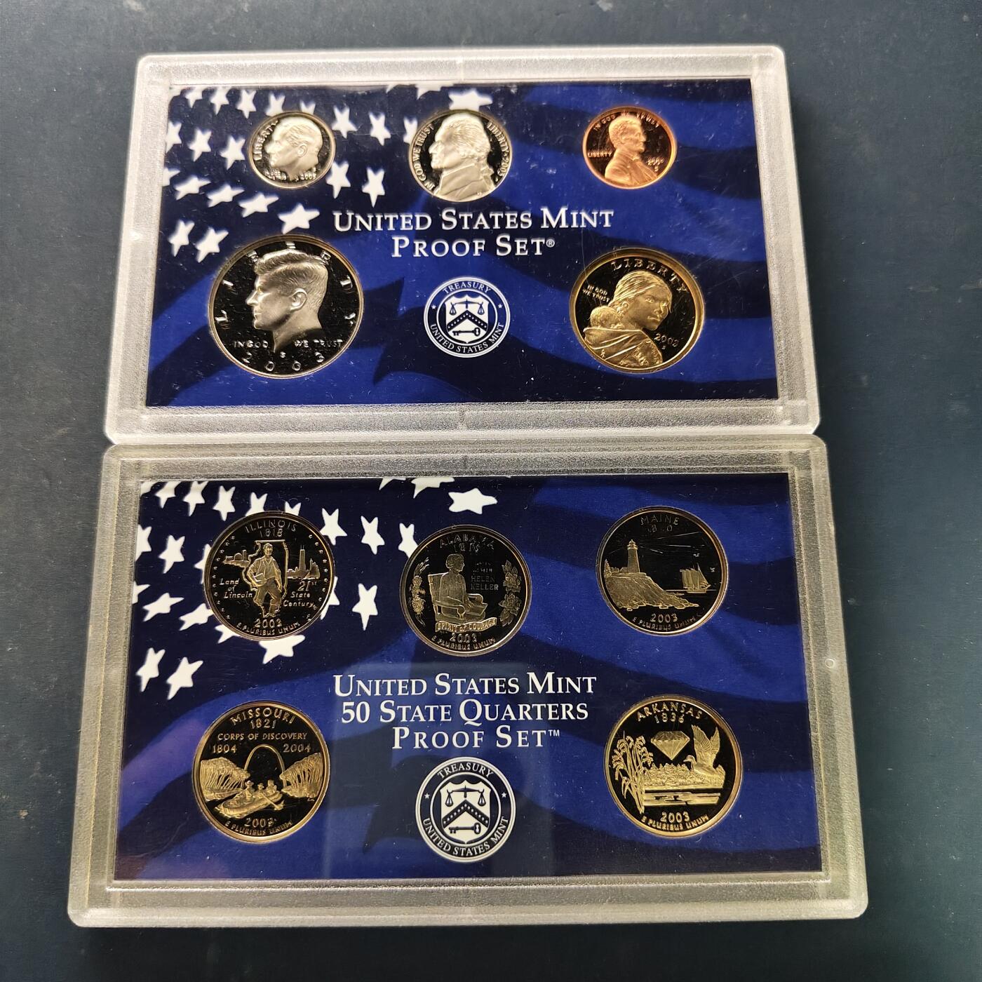 【全场包邮】纯粹捡漏拍519场 美国2003年官方封装精制套币（流通币一盒+州币一盒）-原盒无证书
