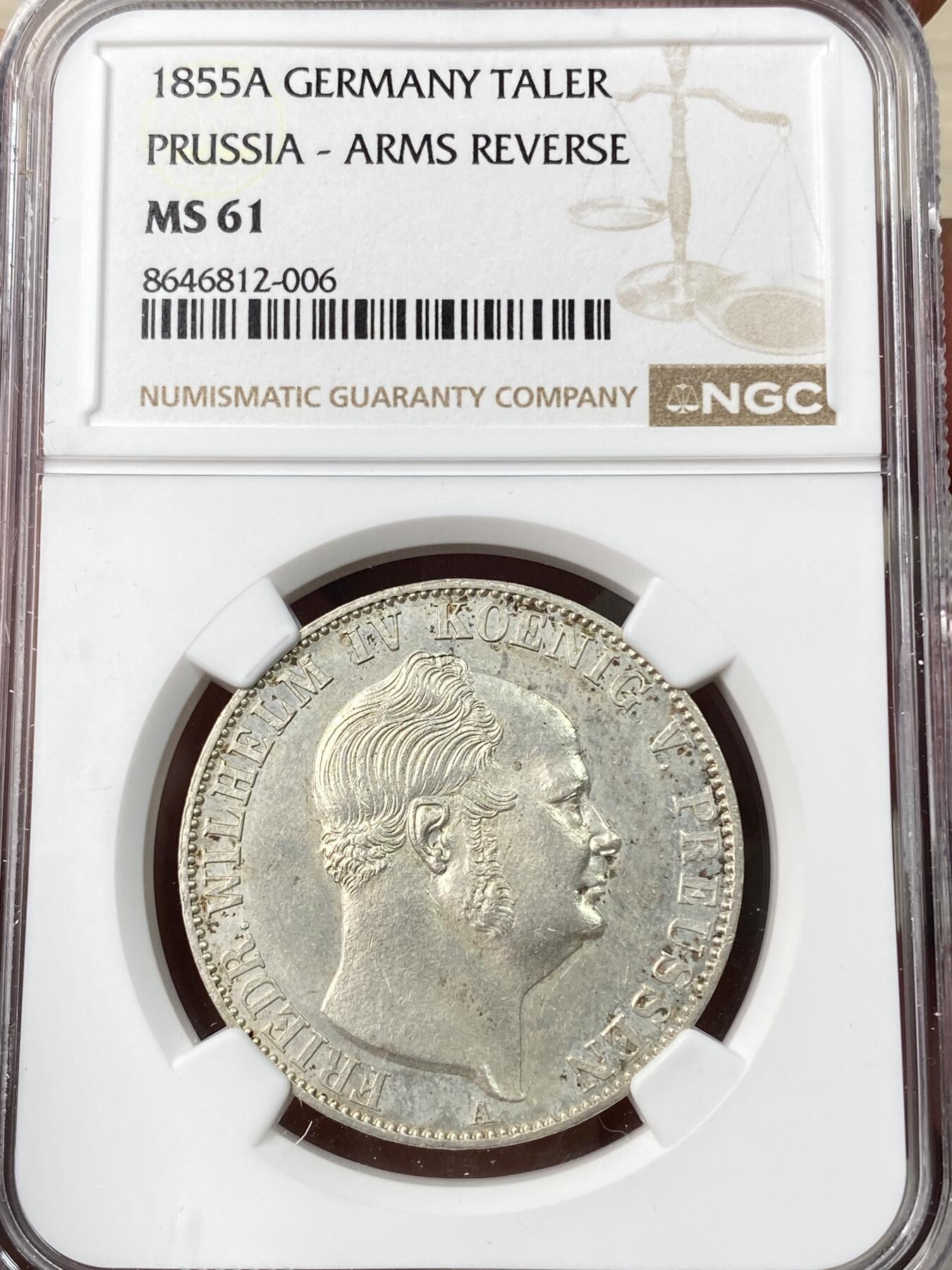 万国钱币拍卖第064期 NGC MS61 1855年德国普鲁士威廉四世流通纹章1泰勒 早期大规格协议泰勒 22.27g 洋葱头纹章款好品比后期鹰徽少得多 原味淡轻微类镜面质感收藏级