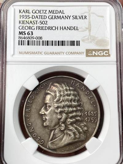 万国钱币拍卖第064期 - NGC MS63 1935年德国民族社会主义工人党纪念作曲家乔治·弗里德里希·汉德尔诞辰250周年银章 卡尔哥茨罕见作品 汉德尔是巴洛克音乐作曲家 著名作品为《弥赛亚》 此章背面既是耶稣基督奏响名曲《弥赛亚》