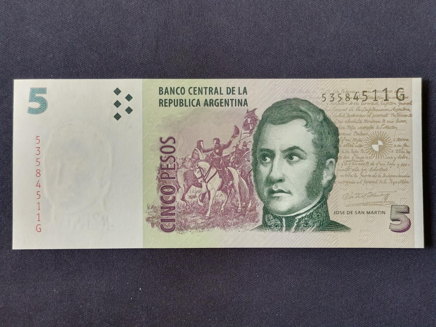 【游宝拍卖】丙午马年第18期 阿根廷-5比索【全新UNC-】