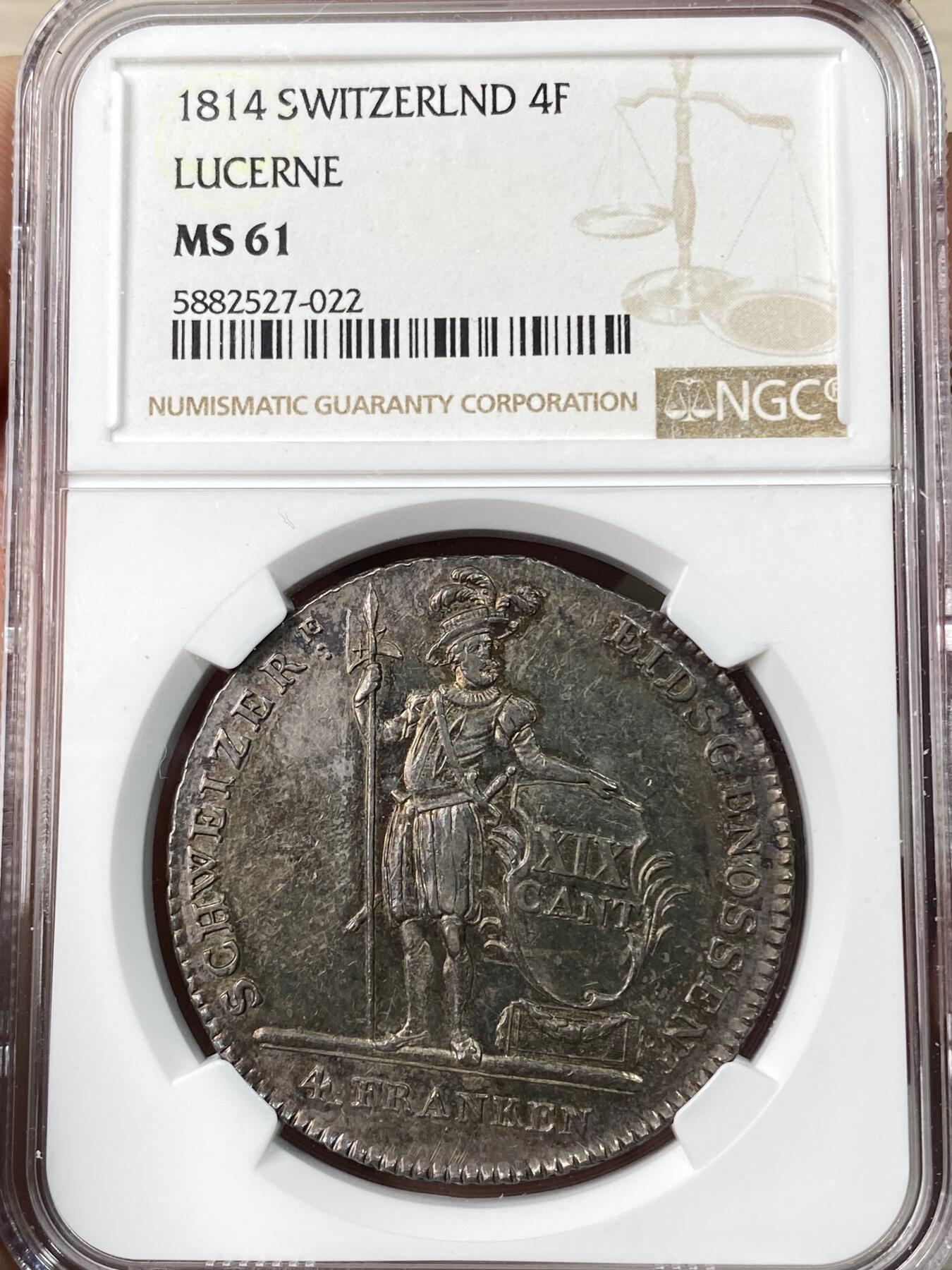 万国钱币拍卖第064期 NGC MS61 1814年瑞士联邦卢瑟恩雇佣兵4法郎大银币 经典瑞士雇佣兵系列 原味深五彩火烧云倒影包浆美轮美奂收藏级 潜力品种