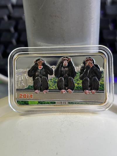 第196期拍卖 - 坦桑尼亚2014年三只灵猴方形1盎司纯银纪念彩银币，999银，发行1880枚